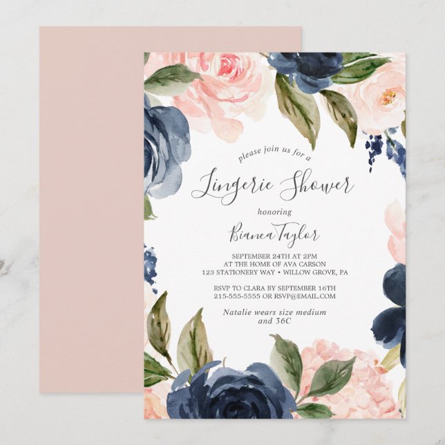 Blush and Navy Flowers | White Lingerie Shower Invitation (Front/Back)