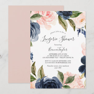 Blush and Navy Flowers White Lingerie Shower Invitation