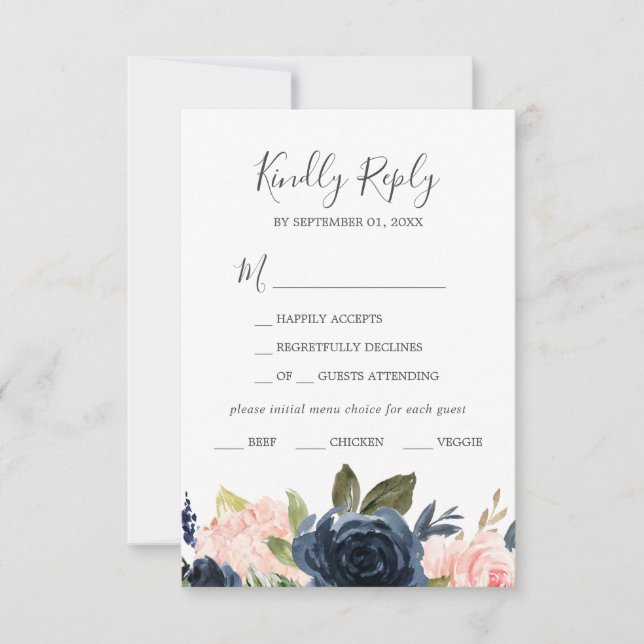 Blush and Navy Flowers White Menu Choice RSVP Card (Front)