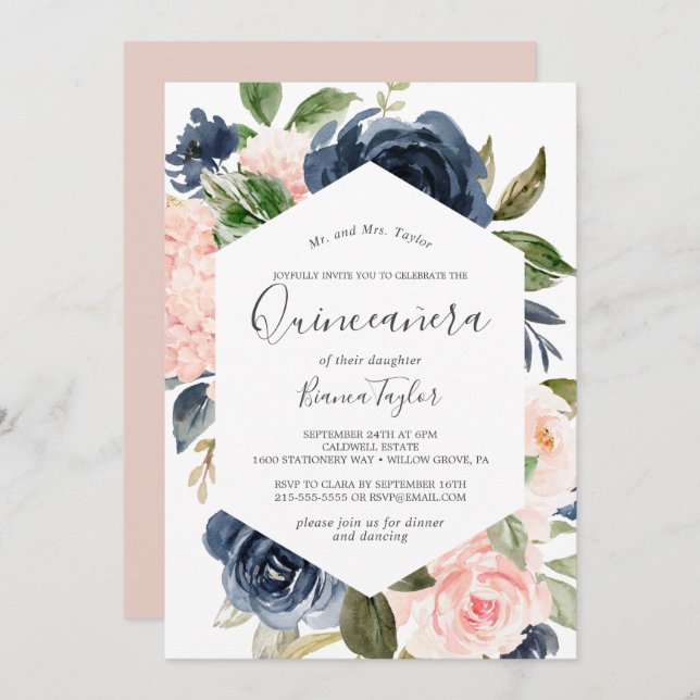 Blush and Navy Flowers | White Quinceañera Invitation (Front/Back)