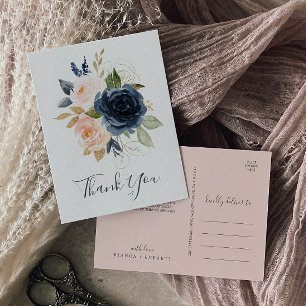 Blush and Navy Flowers   White Thank You Postcard