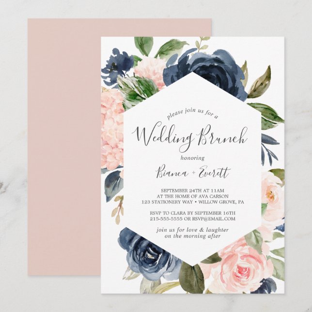 Blush and Navy Flowers White Wedding Brunch Invitation (Front/Back)
