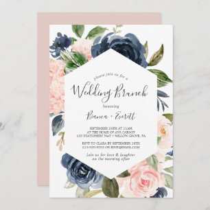 Blush and Navy Flowers White Wedding Brunch Invitation