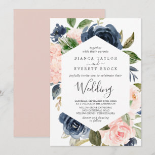 Blush and Navy Flowers White Wedding Invitation