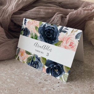 Blush and Navy Flowers White Wedding Place Cards