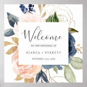 Blush and Navy Flowers   White Welcome Wedding Poster