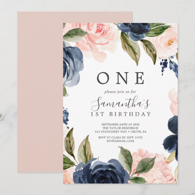Blush and Navy Flowers White Wreath First Birthday Invitation (Front/Back)