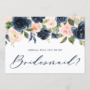 Blush and Navy Flowers Will You Be My Bridesmaid Invitation