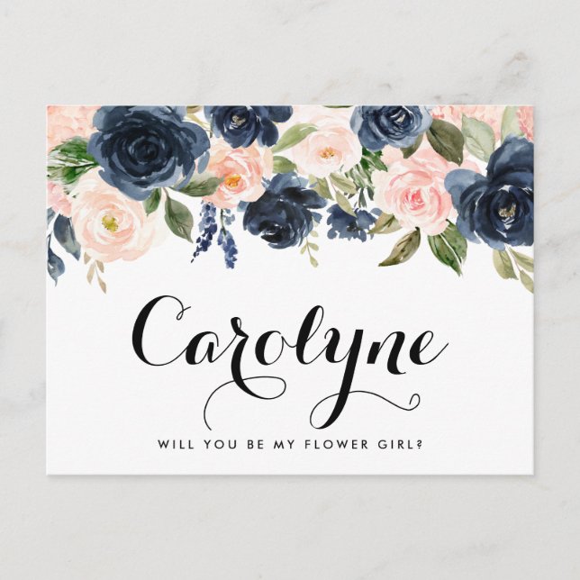 Blush and Navy Flowers Will You Be My Flower Girl Postcard (Front)
