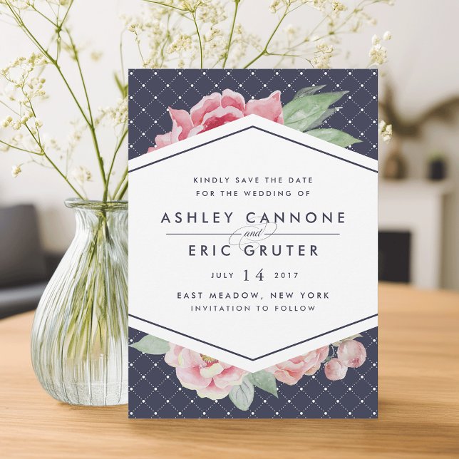 Blush and Navy Geometric Floral Save the Date (Creator Uploaded)