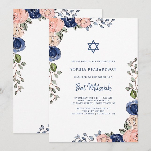 Blush and Navy Hand Drawn Flowers | Bat Mitzvah Invitation (Front/Back)