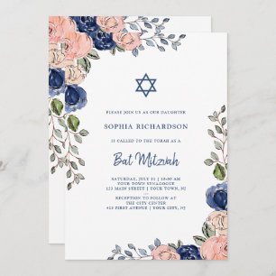 Blush and Navy Hand Drawn Flowers   Bat Mitzvah Invitation