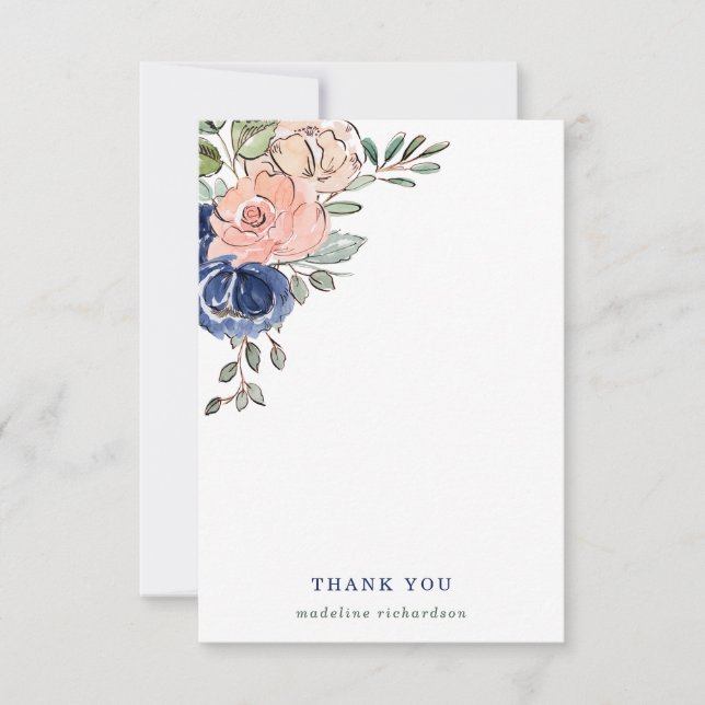 Blush and Navy Hand Painted Floral Thank You Card (Front)