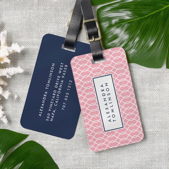 Blush and Navy Lattice Pattern Luggage Tag (Creator Uploaded)