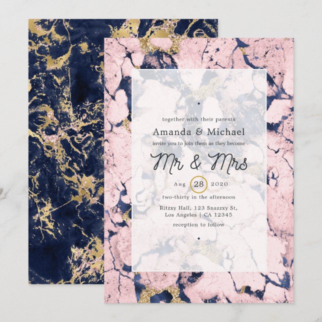 Blush and Navy Marble Wedding Invitation (Front/Back)