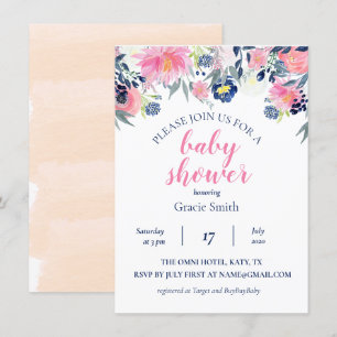 Blush and Navy Watercolor Baby Shower Invitation