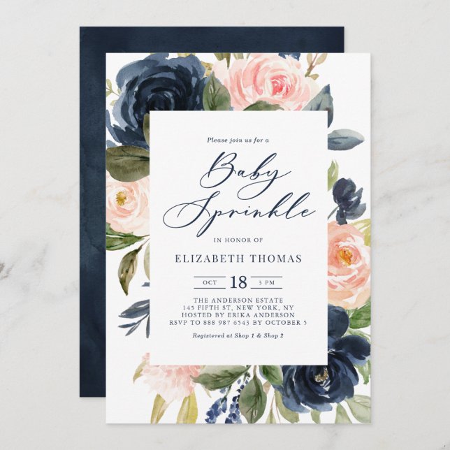 Blush and Navy Watercolor Flowers Baby Sprinkle Invitation (Front/Back)