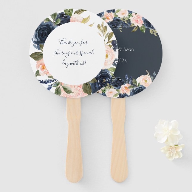 Blush and Navy Wedding Fans Wedding Hand Fan (Front and Back)