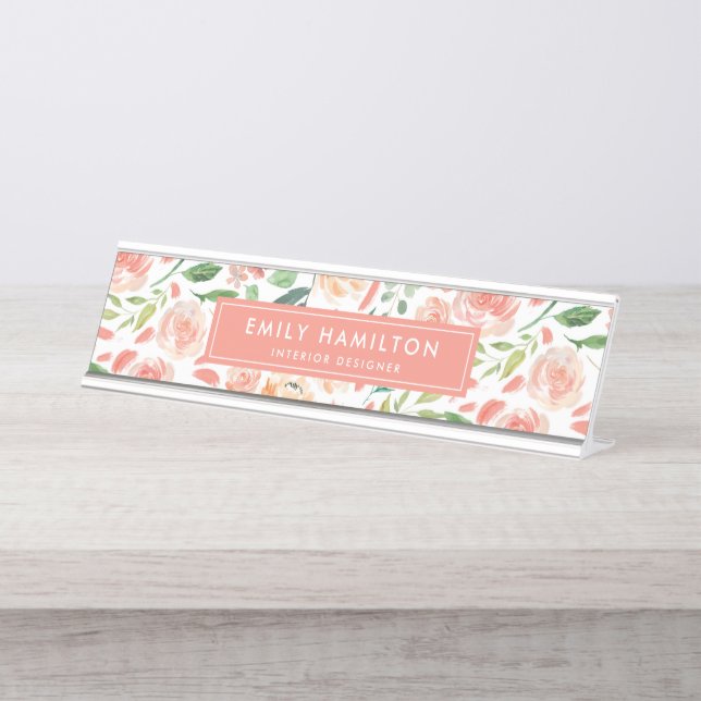 Blush and Peach Floral | Personalised Desk Name Plate (Front)