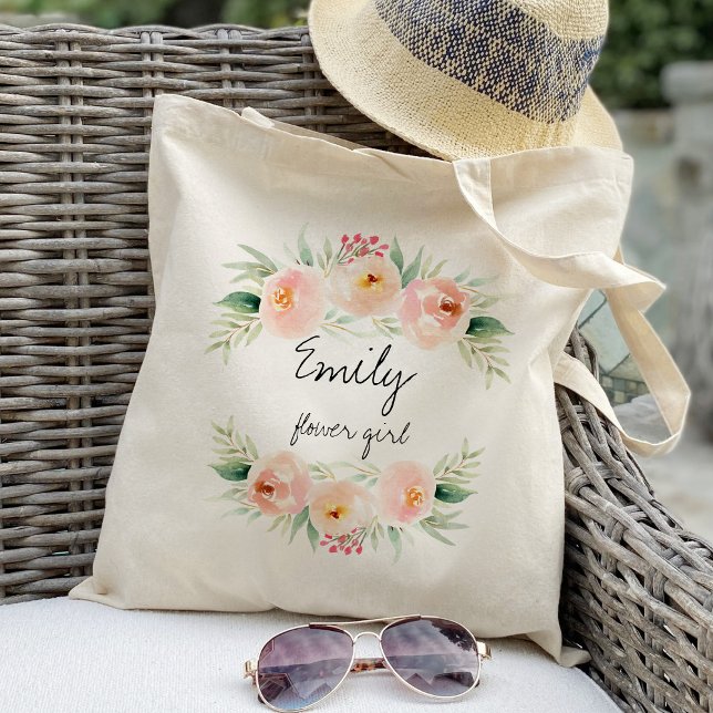 blush and peach pink floral flower girl favour tote bag (Creator Uploaded)