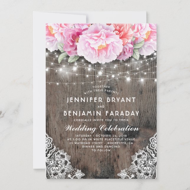Blush and Pink Floral String Lights Rustic Invitation (Front)