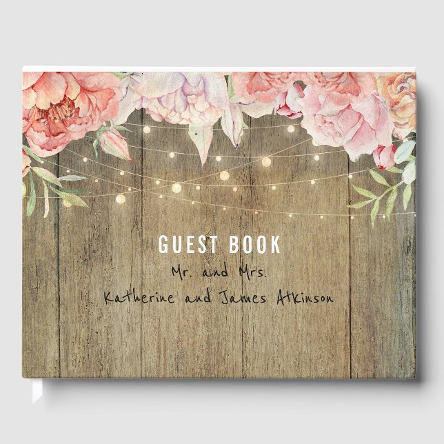 Blush and Pink Flowers Rustic String Lights Wood Guest Book (Front)