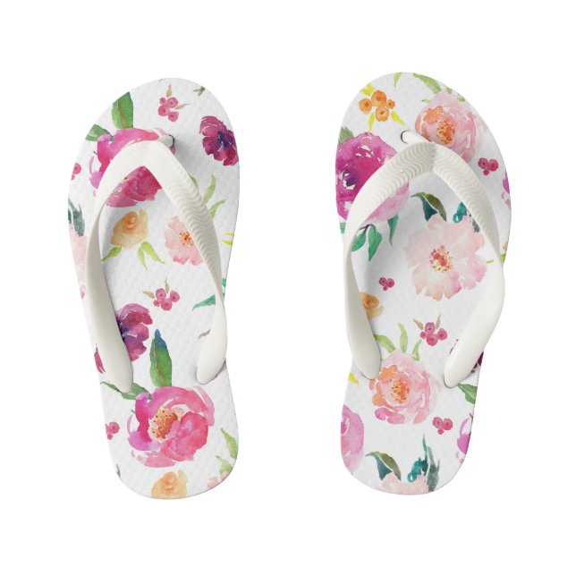 Blush and Pink Watercolor Peonies Pattern Kid's Flip Flops (Footbed)