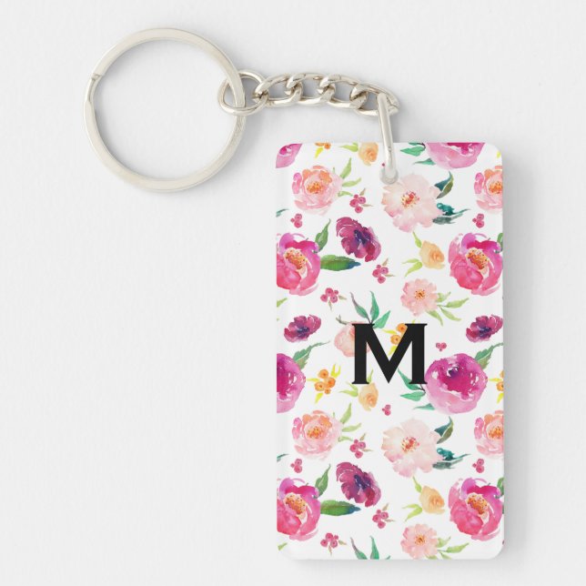 Blush and Pink Watercolor Peonies Pattern Monogram Key Ring (Front)