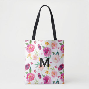 Blush and Pink Watercolor Peonies Pattern Monogram Tote Bag