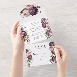 Blush and Plum Peony Floral Wedding Celebration All In One Invitation