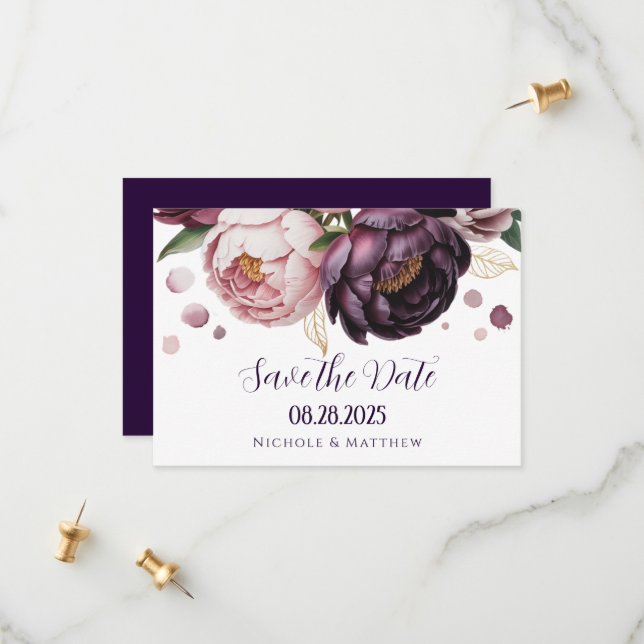 Blush and Plum Peony Floral Wedding  Save The Date (Front/Back In Situ)