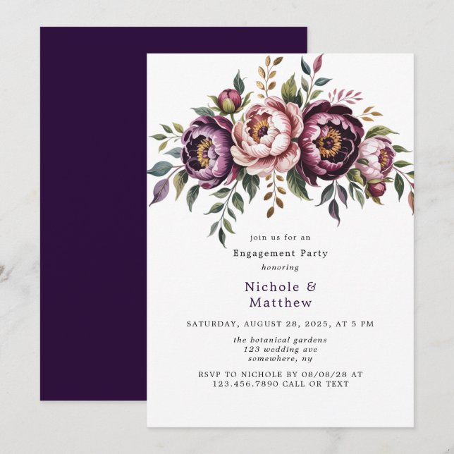 Blush and Plum Peony Wreath Engagement Party Invitation (Front/Back)