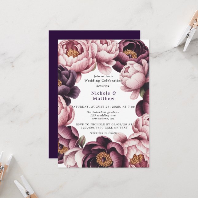 Blush and Plum Peony Wreath Wedding Celebration Invitation (Front/Back In Situ)