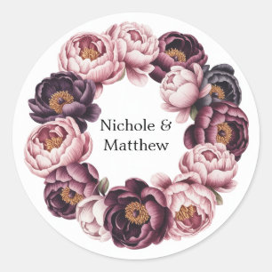 Blush and Plum Peony Wreath Wedding Classic Round Sticker