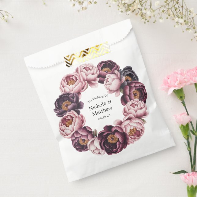 Blush and Plum Peony Wreath Wedding Favour Bags (Sealed)