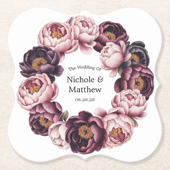 Blush and Plum Peony Wreath Wedding Paper Coaster (Front)