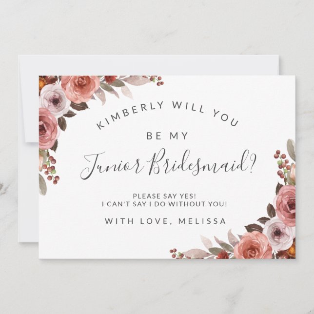 Blush and Rose Floral Be My Junior Bridesmaid Card (Front)