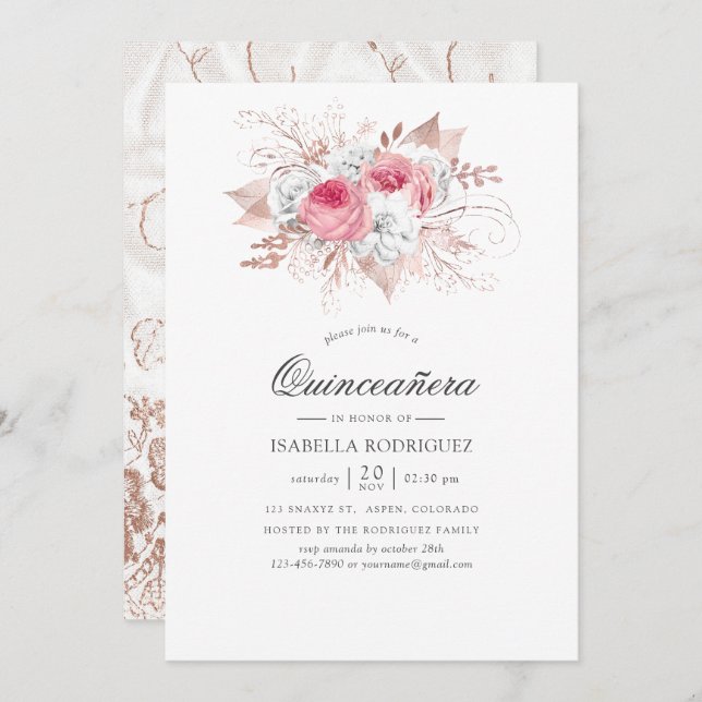 Blush and Rose Gold Floral and Lace Quinceañera Invitation (Front/Back)