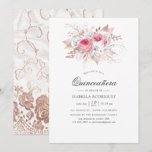 Blush and Rose Gold Floral and Lace Quinceañera Invitation