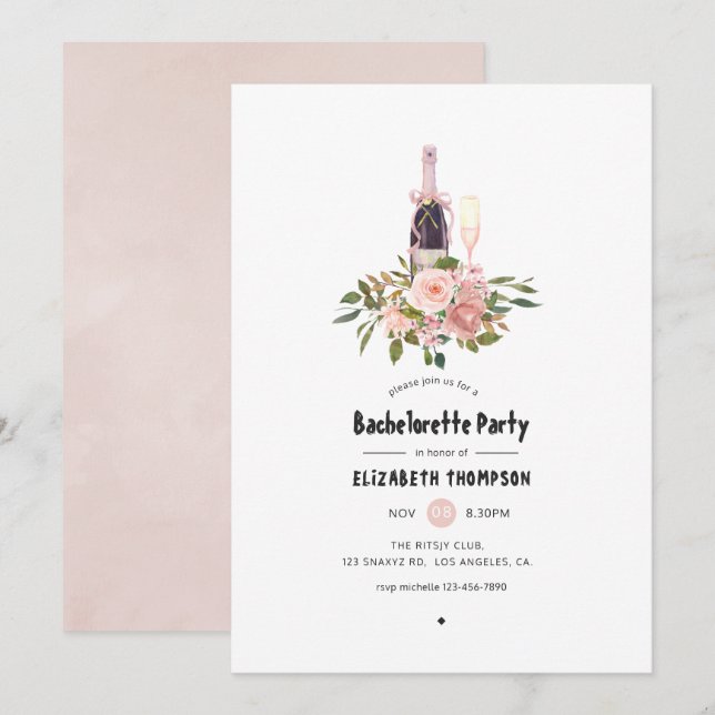 Blush and Rose Gold Floral Bachelorette Party Invitation (Front/Back)