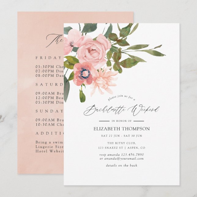 Blush and Rose Gold Floral Bachelorette Weekend Invitation (Front/Back)