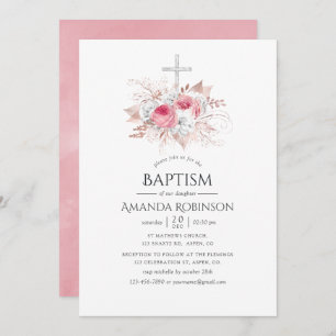 Blush and Rose Gold Floral Baptism or Christening Invitation