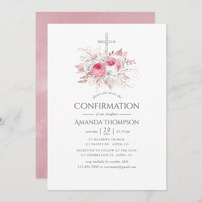 Blush and Rose Gold Floral Confirmation Invitation (Front/Back)