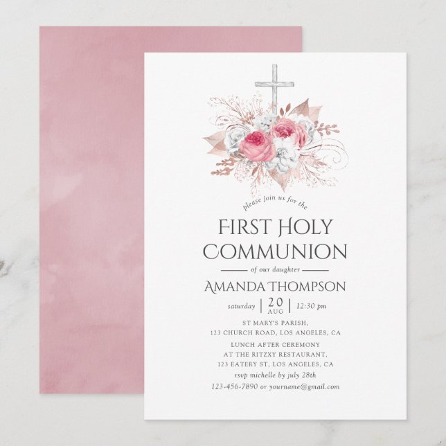Blush and Rose Gold Floral First Holy Communion Invitation (Front/Back)