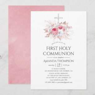 Blush and Rose Gold Floral First Holy Communion Invitation