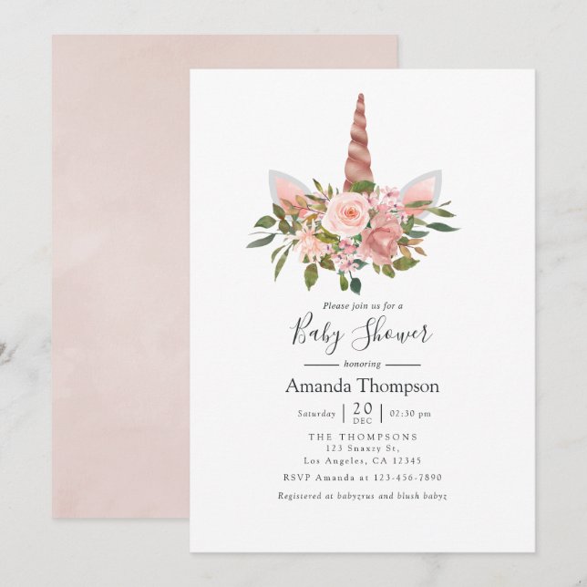 Blush and Rose Gold Floral Unicorn Baby Shower Invitation (Front/Back)