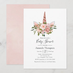 Blush and Rose Gold Floral Unicorn Baby Shower Invitation