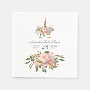 Blush and Rose Gold Floral Unicorn Baby Shower Napkin