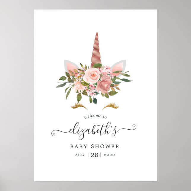 Blush and Rose Gold Floral Unicorn Shower Welcome Poster (Front)