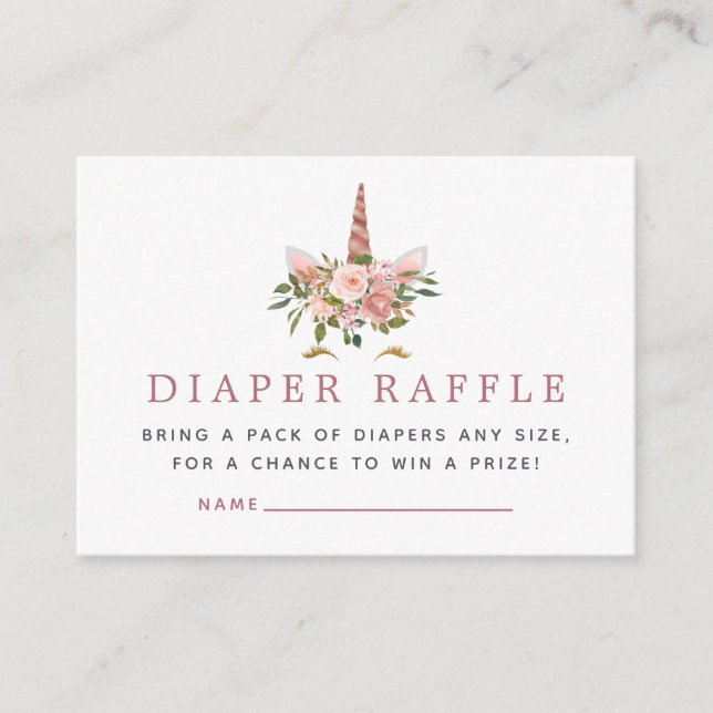 Blush and Rose Gold Unicorn Baby Diaper Raffle Enclosure Card (Front)